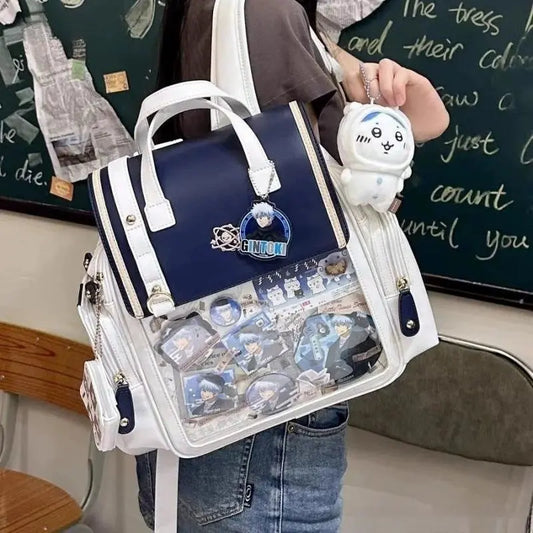 girl holding blue biege  dual tone ita backpack